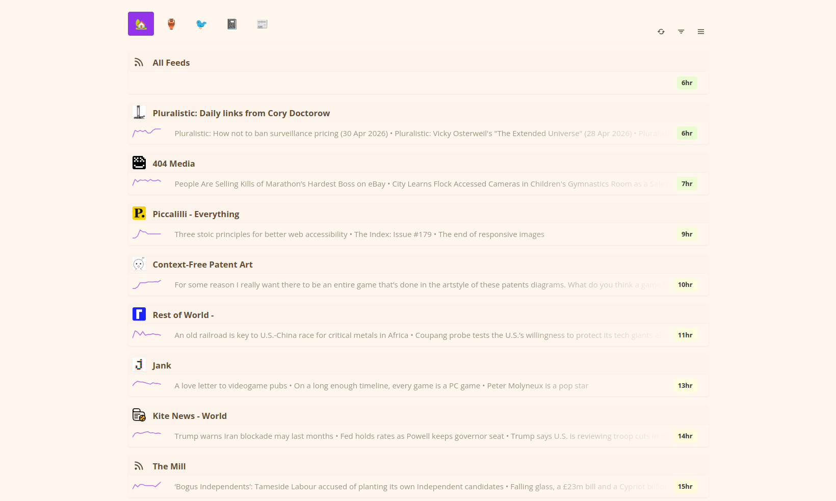 Feed list showing all subscribed RSS feeds